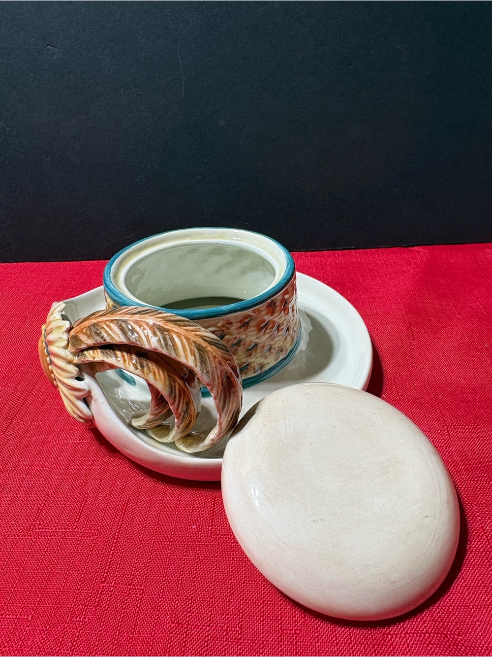 Fitz & Floyd Ceramic Trinket Box with Leaf Handle - Multicolor